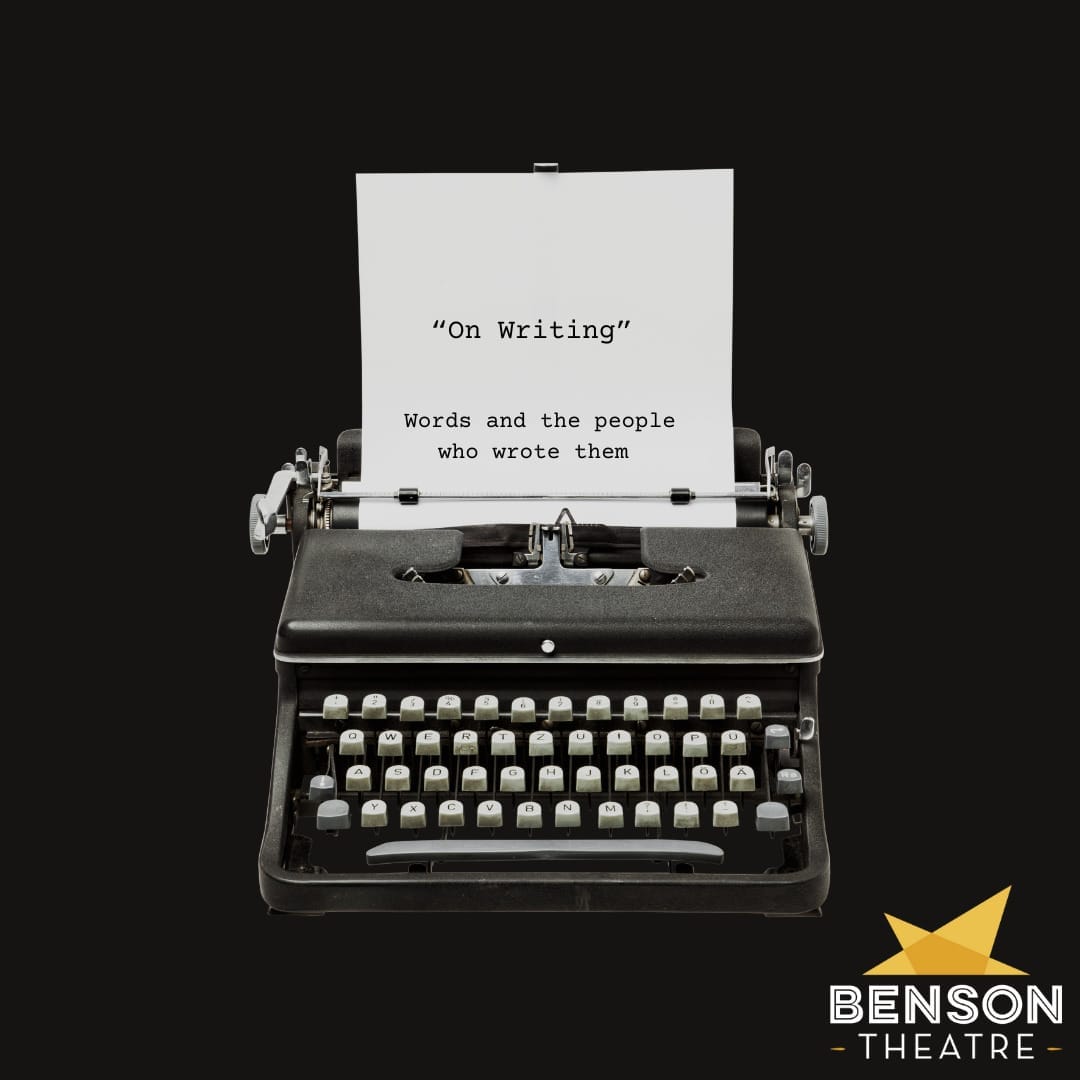 A black typewriter sits in a black background with one page that says On Writing, Words and the people who wrote them